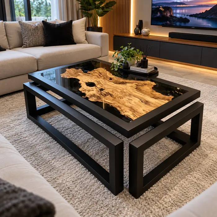 Mesa de centro de parota con resina epóxica negra y marco de acero en una sala moderna