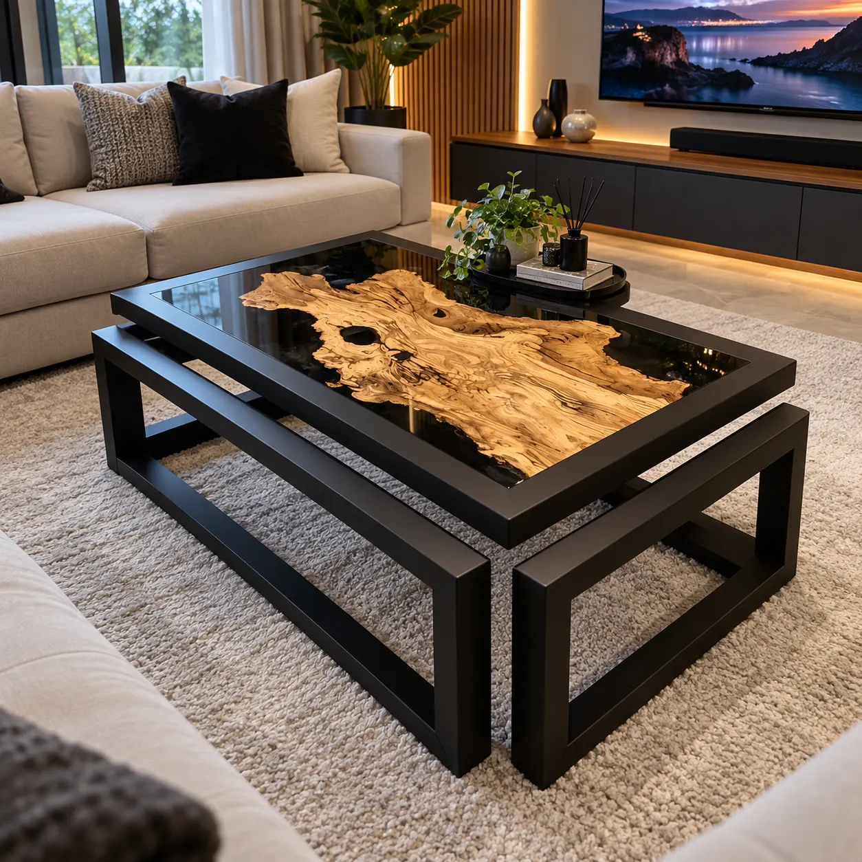 Mesa de centro de parota con resina epóxica negra y marco de acero en una sala moderna