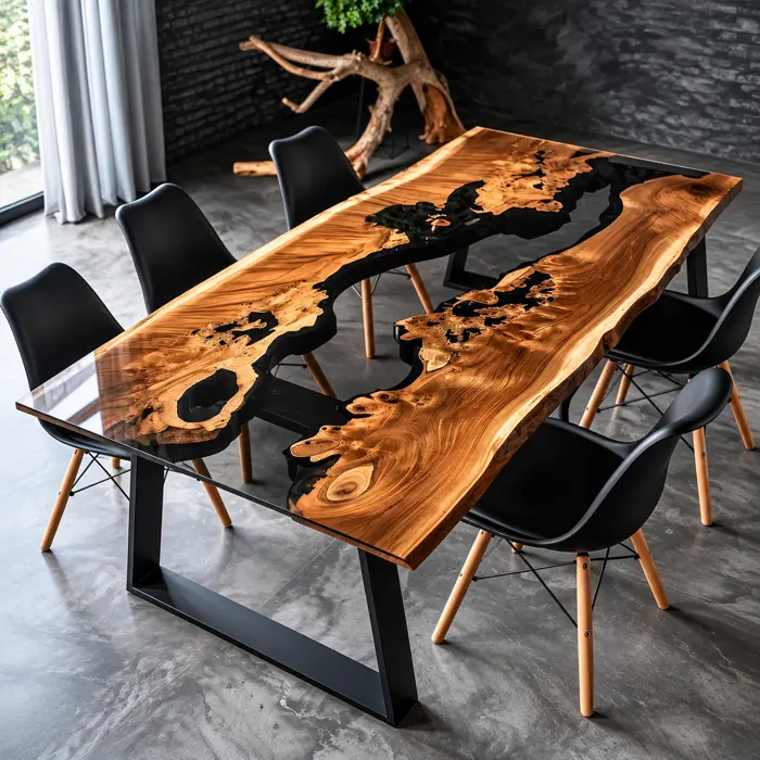 Mesa de madera de orilla viva con resina epóxica negra y base de acero trapecio