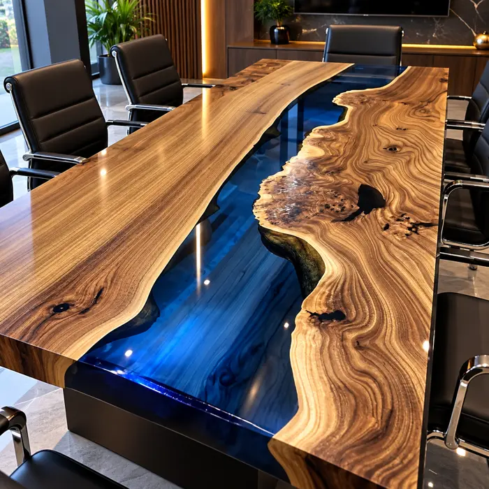 Mesa de juntas de madera con río de resina epóxica azul en una oficina