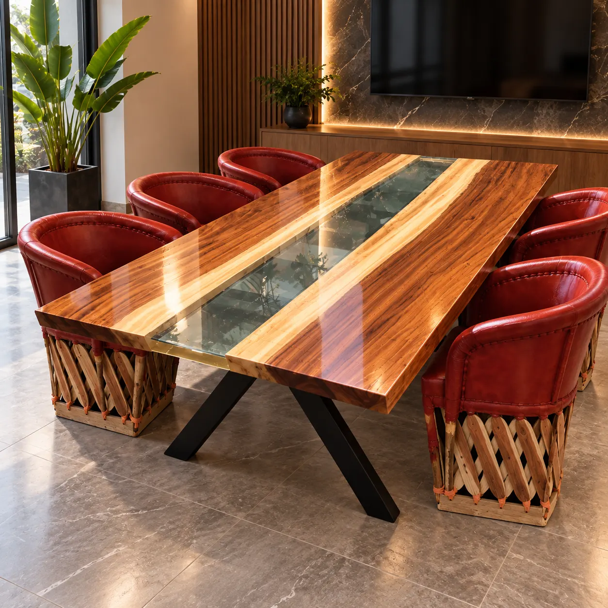 Mesa de comedor de parota con río de resina cristal y sillas de equipal