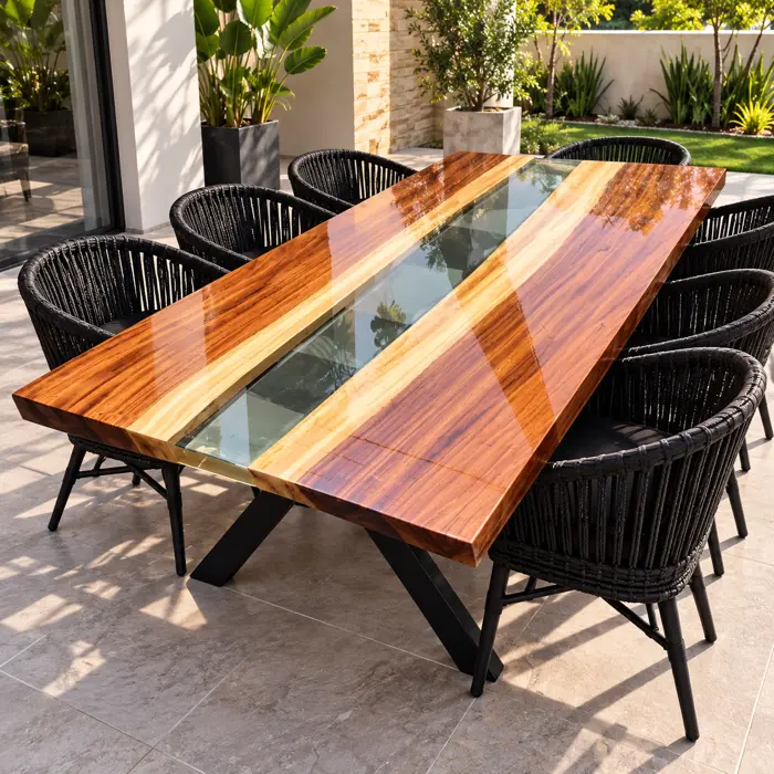 Mesa de parota con río de resina transparente en una terraza al aire libre