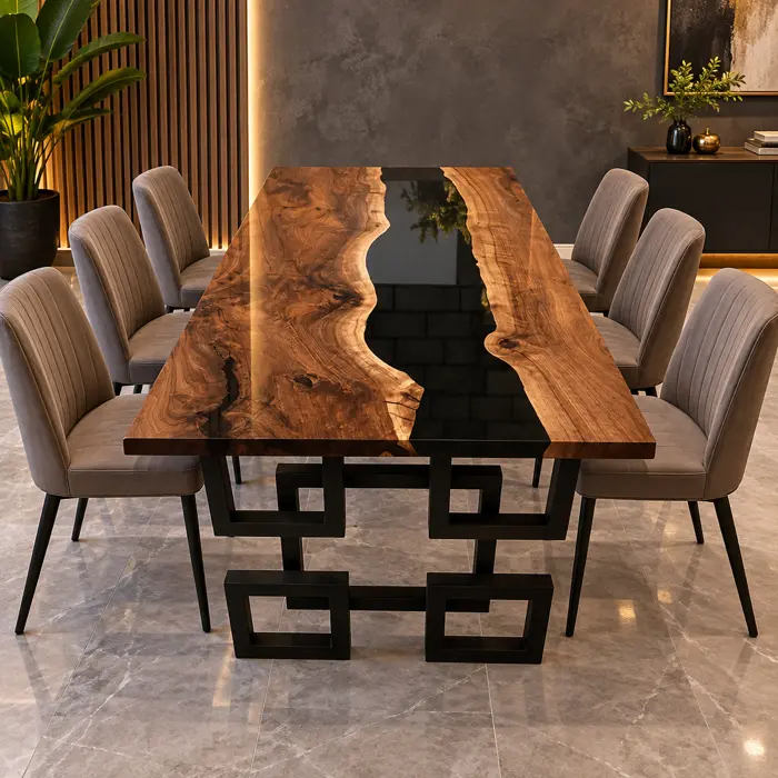 Mesa río de resina negra con base de greca en un comedor con iluminación cálida