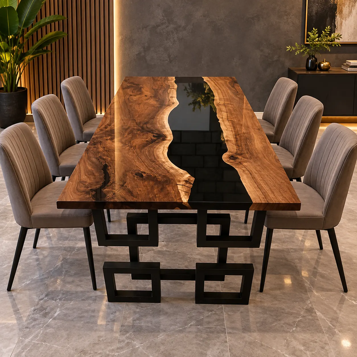 Mesa río de resina negra con base de greca en un comedor con iluminación cálida