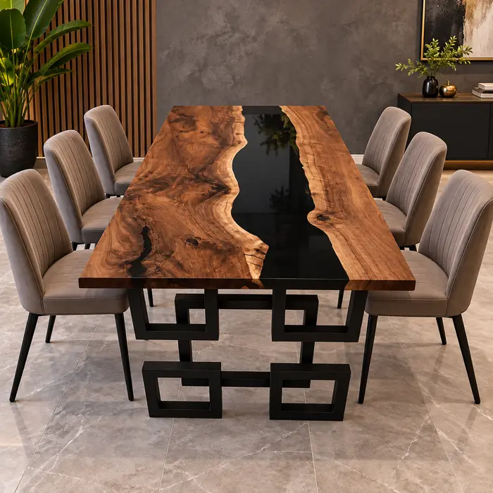 Mesa de comedor con río de resina epóxica negra y base de acero tipo greca
