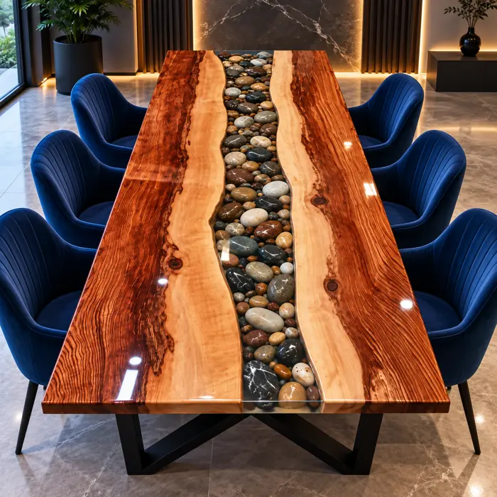 Mesa de comedor de parota con río de piedras encapsuladas en resina epóxica