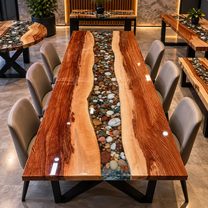 Mesas de parota con piedras de río y resina epóxica en un restaurante