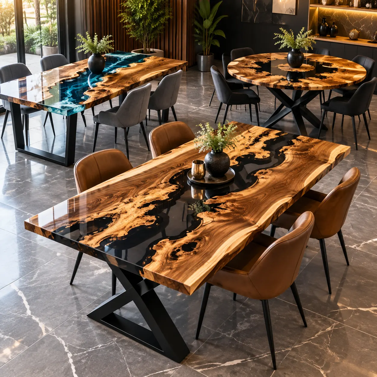 Showroom de mesas de orilla viva con resina epóxica negra y turquesa